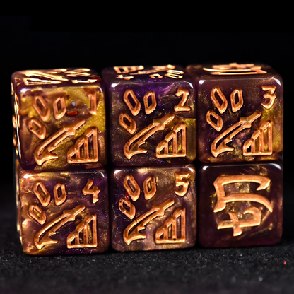 Samurai Themed Resin Dice Set in Gold and Purple - d6 Blade