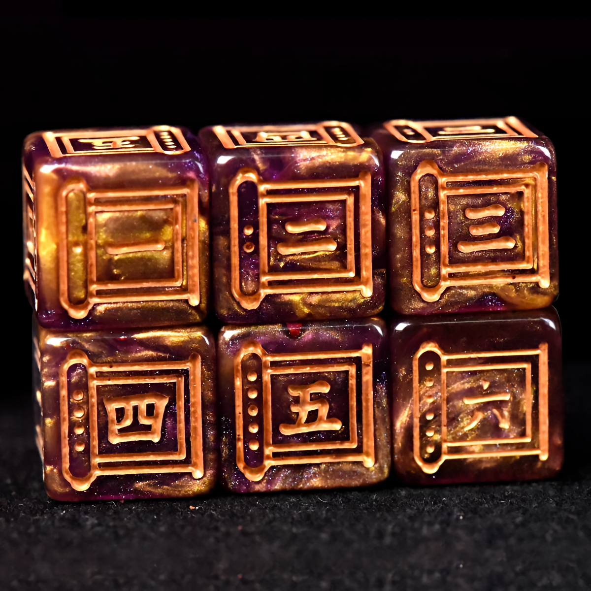 Samurai Themed Resin Dice Set in Gold and Purple - d6 Scrolls