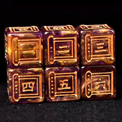 Samurai Themed Resin Dice Set in Gold and Purple - d6 Scrolls