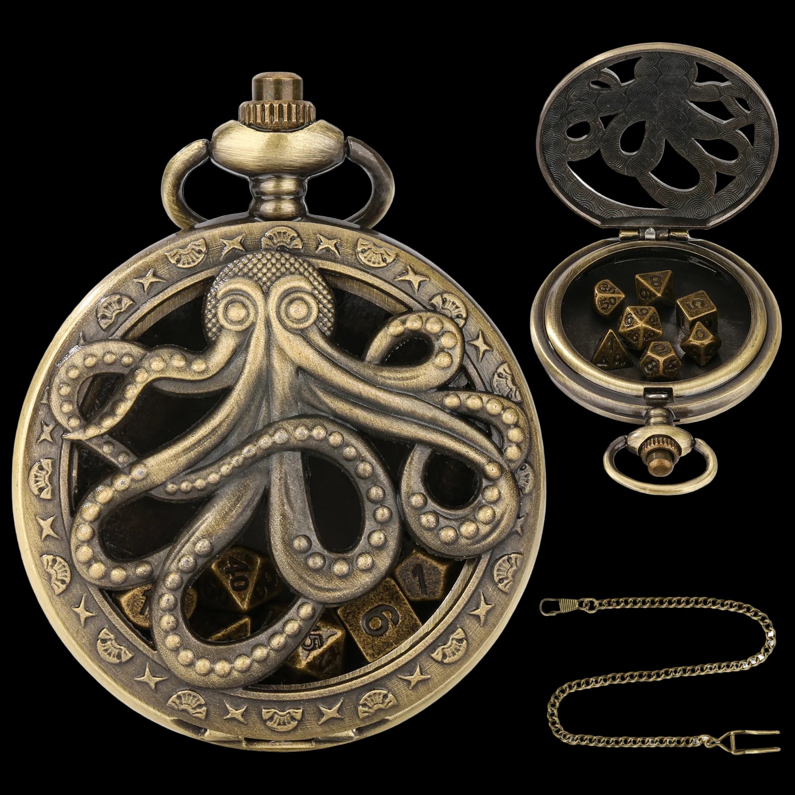 Mythical Metal Dice Cases – Vintage Dice Boxes - 7-Piece Pocket Watch Dice Sets