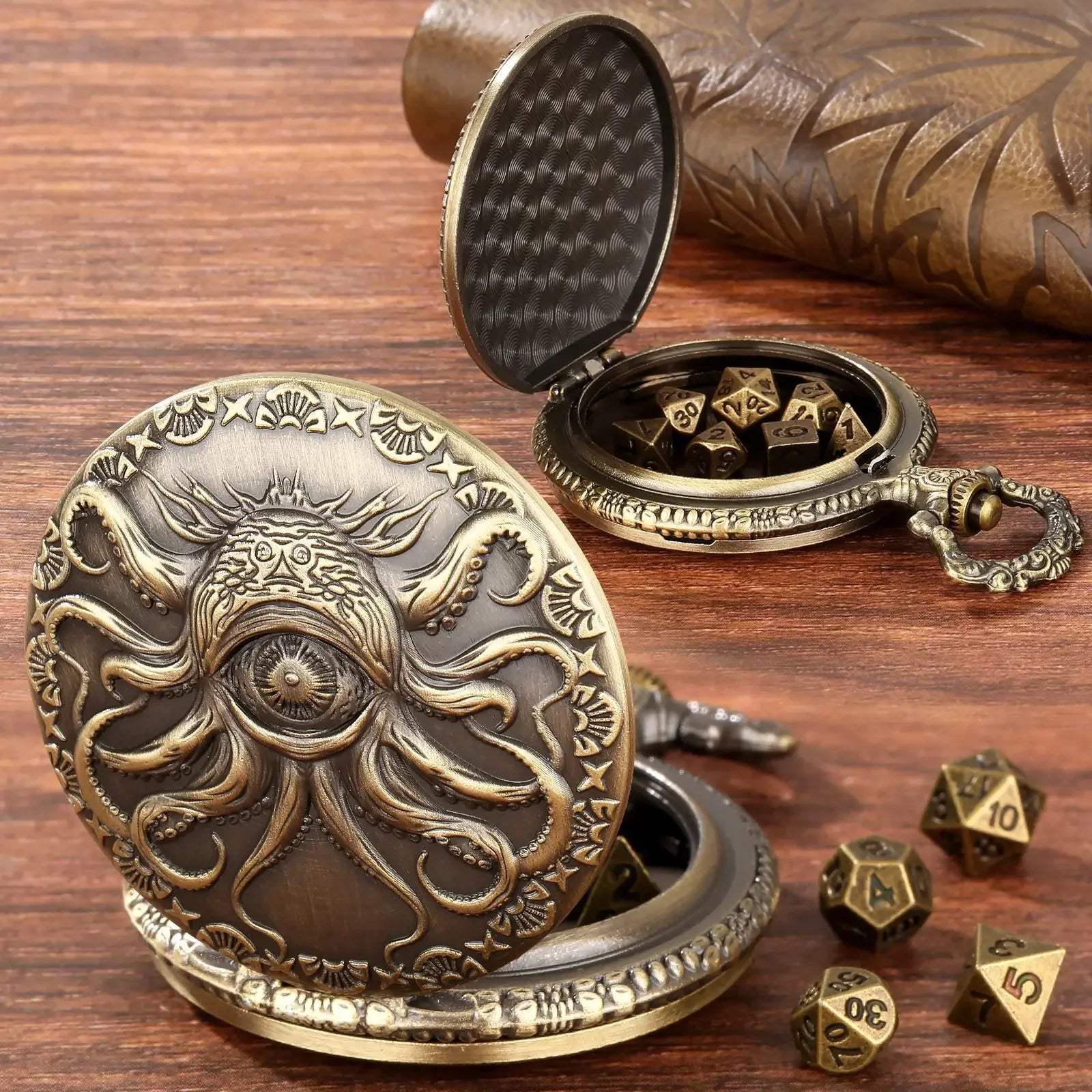 Mythical Metal Dice Cases – Vintage Dice Boxes - 7-Piece Pocket Watch Dice Sets