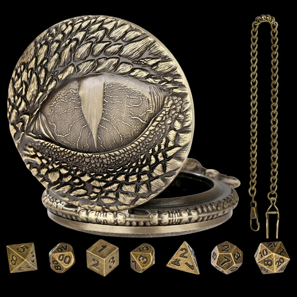 Mythical Metal Dice Cases – Vintage Dice Boxes - 7-Piece Pocket Watch Dice Sets