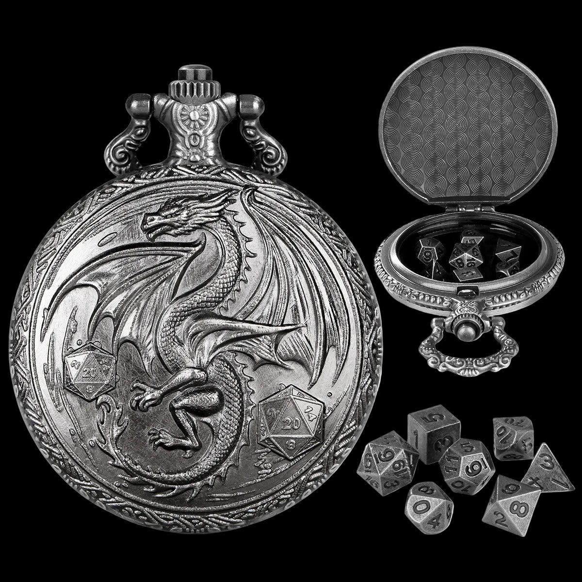 Mythical Metal Dice Cases – Vintage Dice Boxes - 7-Piece Pocket Watch Dice Sets