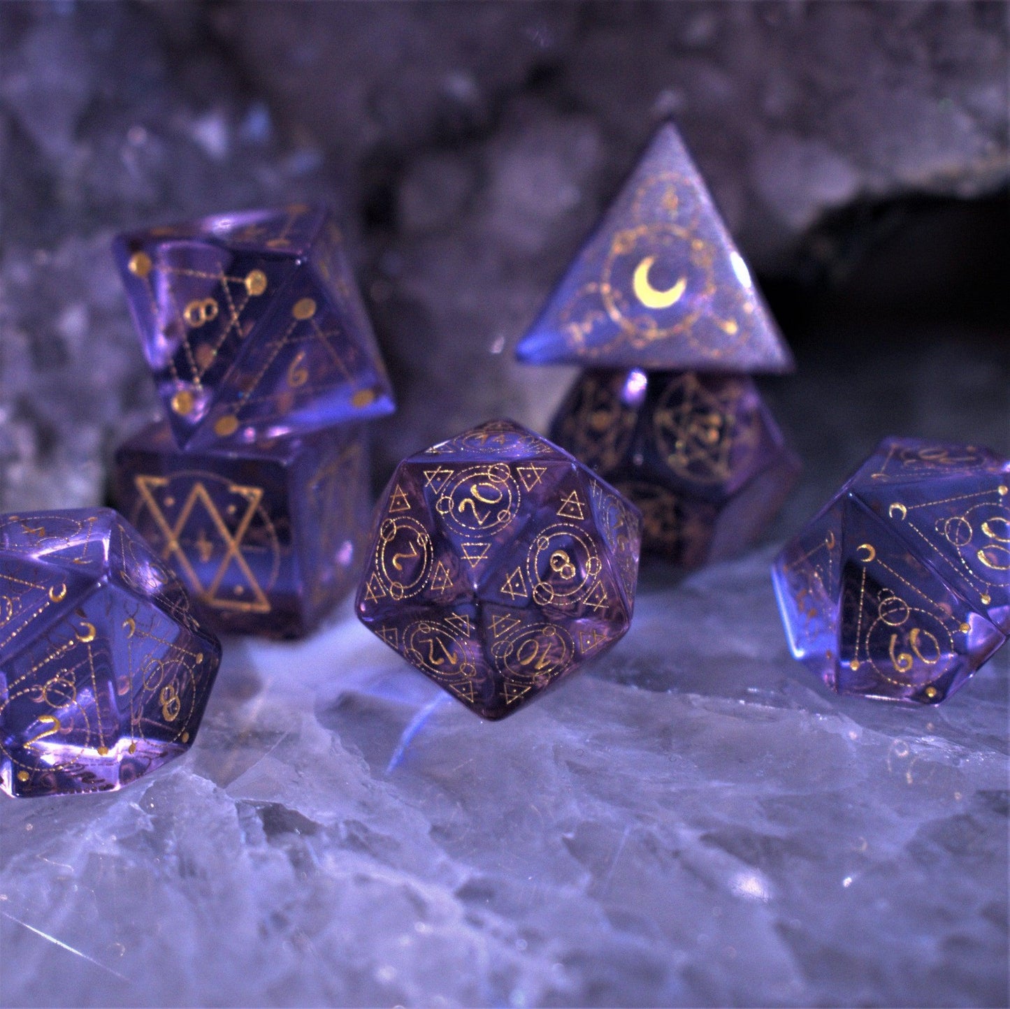 Arcane Sigil Purple Glass Dice Set