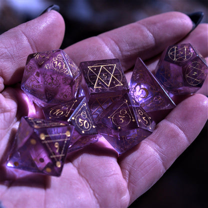 Arcane Sigil Purple Glass Dice Set