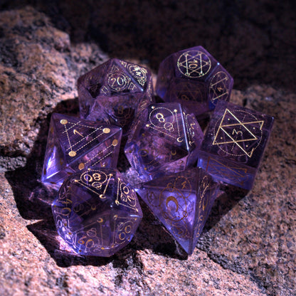 Arcane Sigil Purple Glass Dice Set