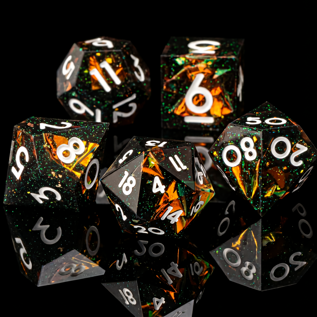 DnD Resin Dice Star Dust Green and Yellow White Numbers