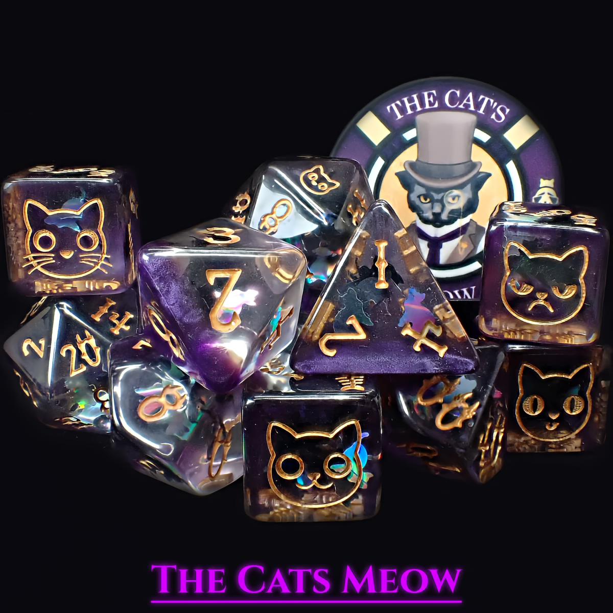 Cat Themed Dice Set in Purple and Gold