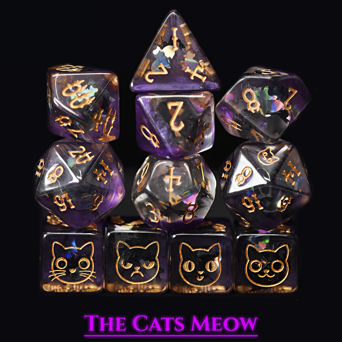 Cat Themed Dice Set in Purple and Gold - Full Set