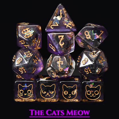 Cat Themed Dice Set in Purple and Gold - Full Set