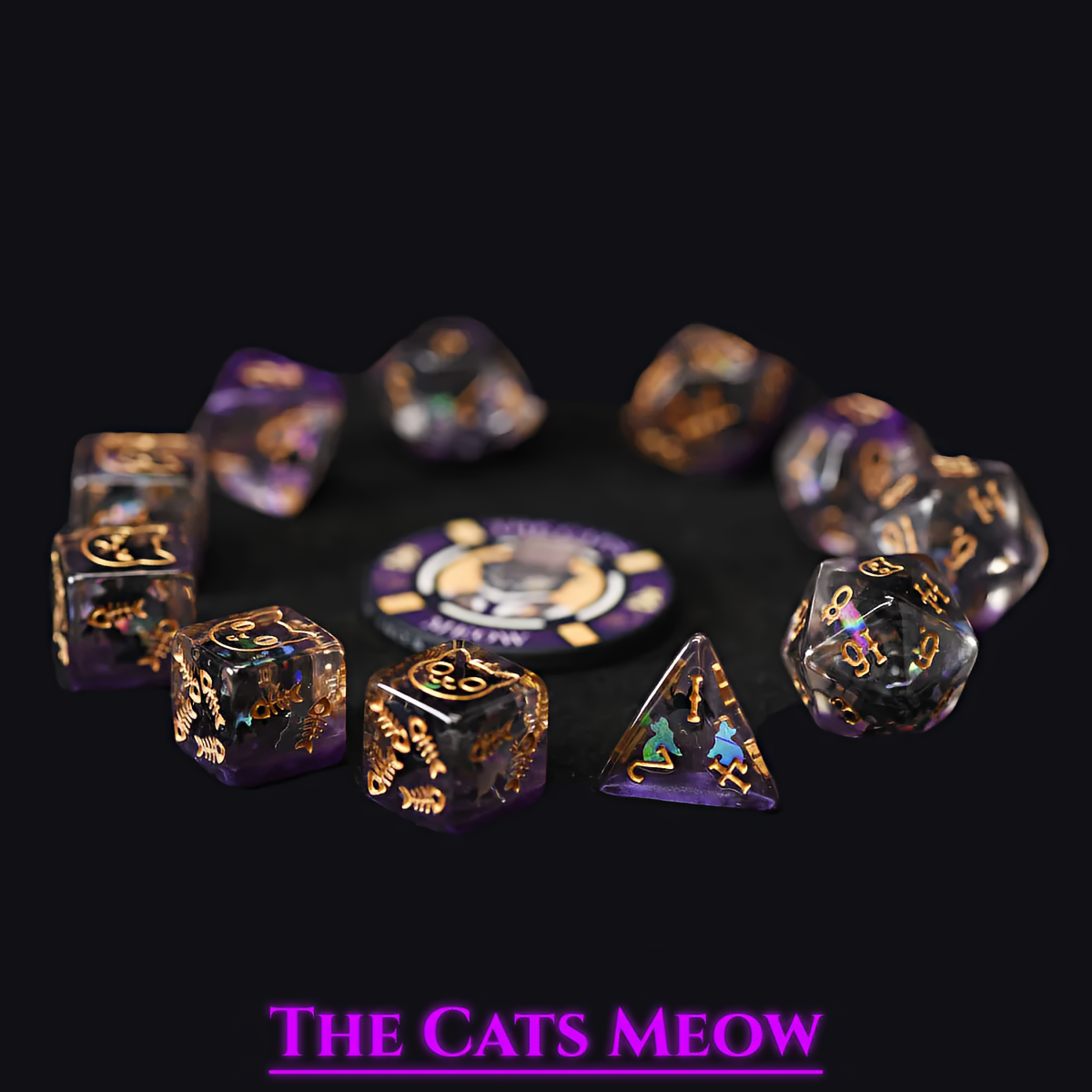Cat Themed Dice Set in Purple and Gold - Wide View