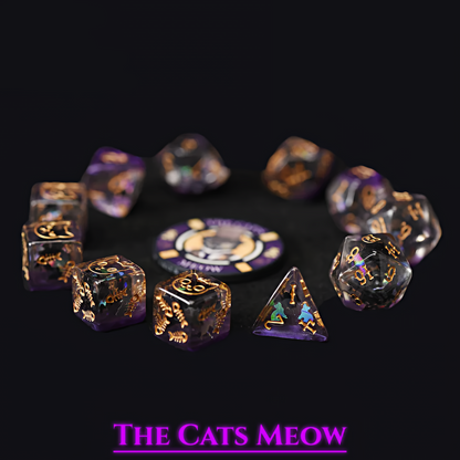 Cat Themed Dice Set in Purple and Gold - Wide View