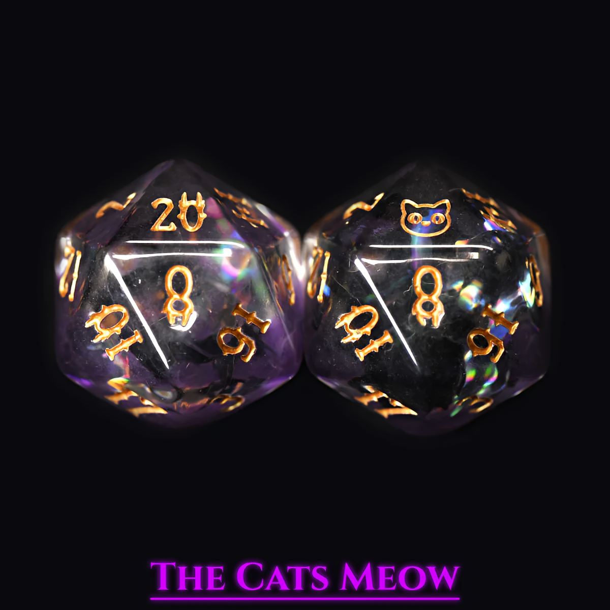 Cat Themed Dice Set in Purple and Gold - D20 Close Up