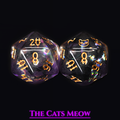 Cat Themed Dice Set in Purple and Gold - D20 Close Up