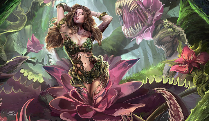 Feminine figure in a fantasy setting with flowers and plants