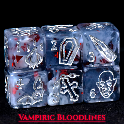 Vampire Themed Dice Set in Blue and Silver - d6 Coffin Stake Garlic Bat
