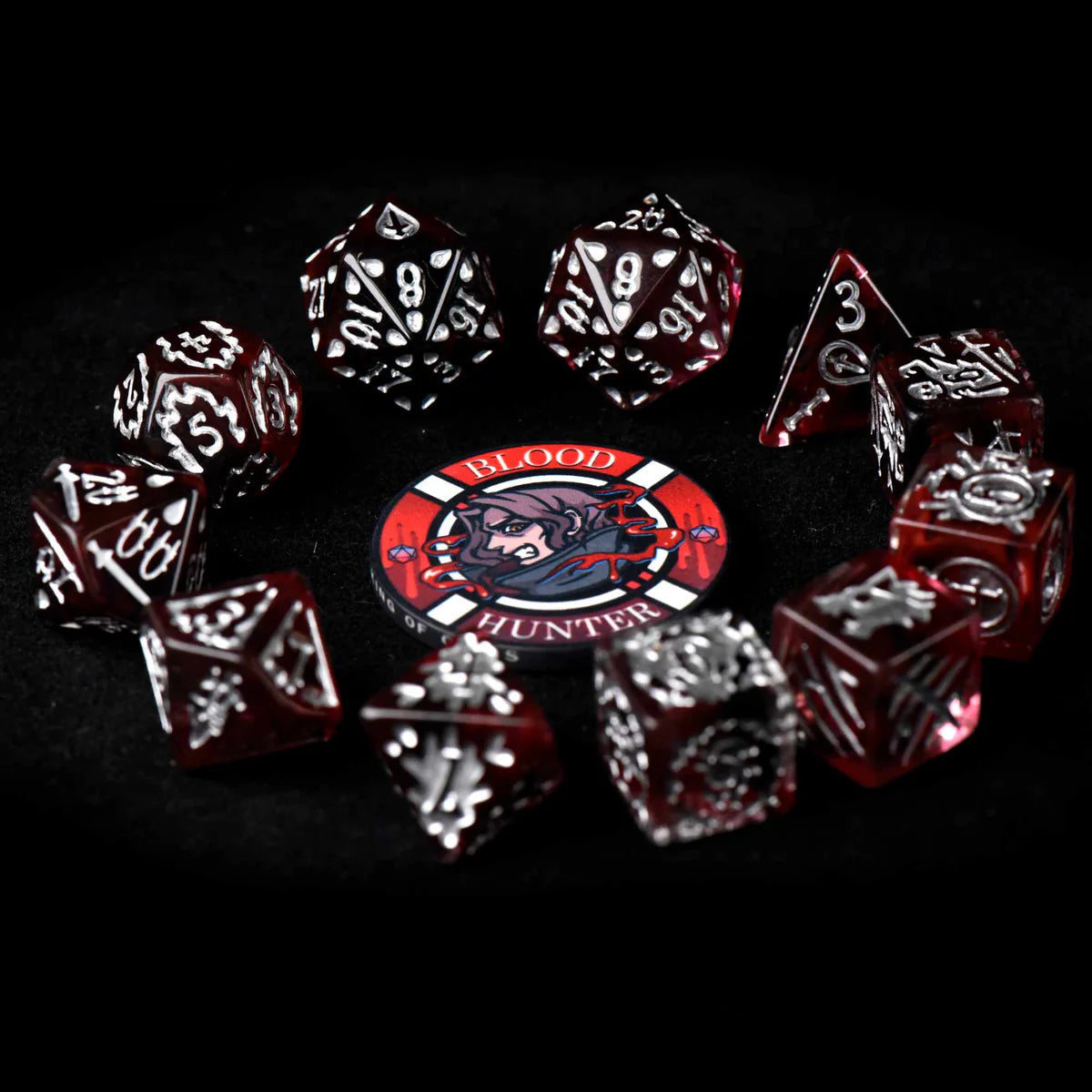 Blood Hunter Themed Dice Set in Red and White - Top View