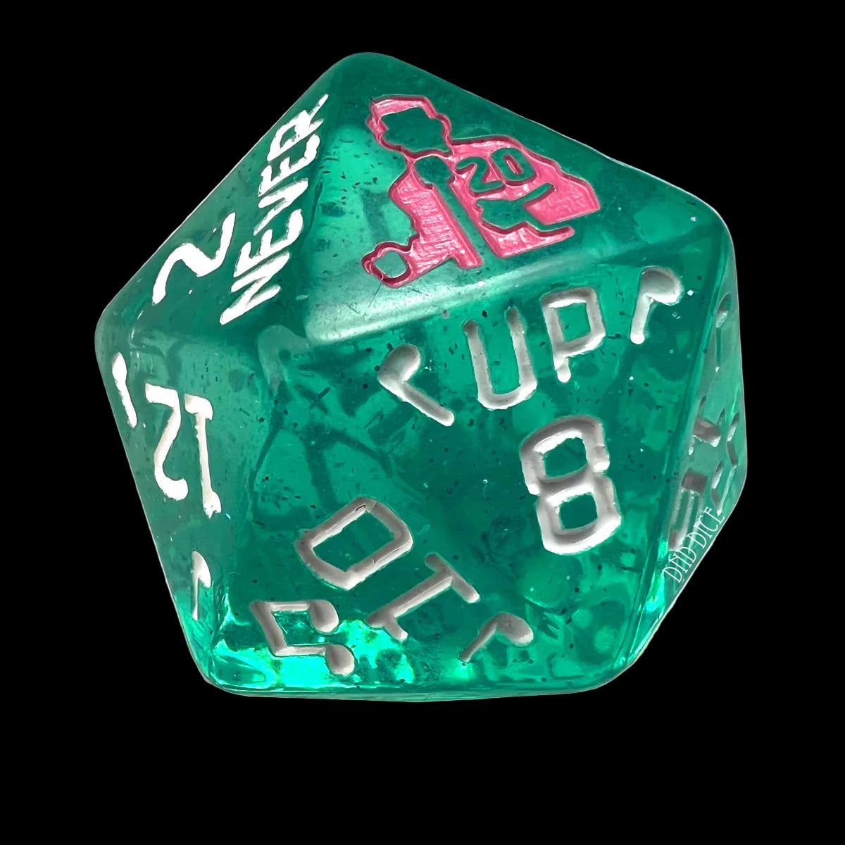 Rick Roll Giant d20 Dice in Green and Pink Close Up