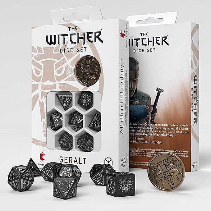 DnD Witcher Dice Set - Black and Silver - Witcher Coin