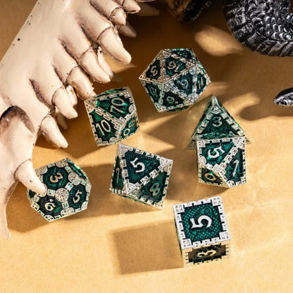 Silver Green Dragon Metal Dice Set